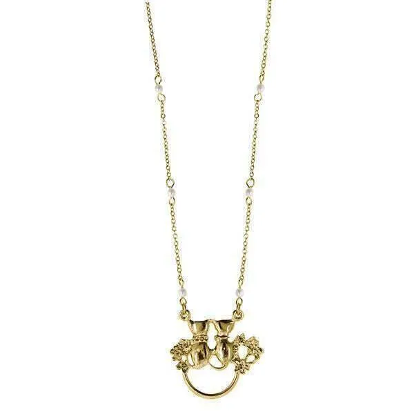 1928 Jewelry Faux Pearl Crystal Double Cat Badge & Eyeglass Holder Chain Necklace 28 1928 Jewelry