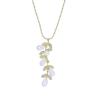 1928 Jewelry Faux Pearl Drop Crystal Leaves Pendant Necklace 18" 1928 Jewelry