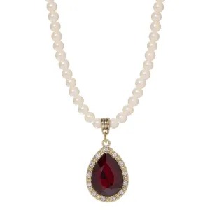 1928 Jewelry Faux Pearl Strand Red Glass Teardrop Crystal Pendant Necklace 15"   3" Extender 1928 Jewelry