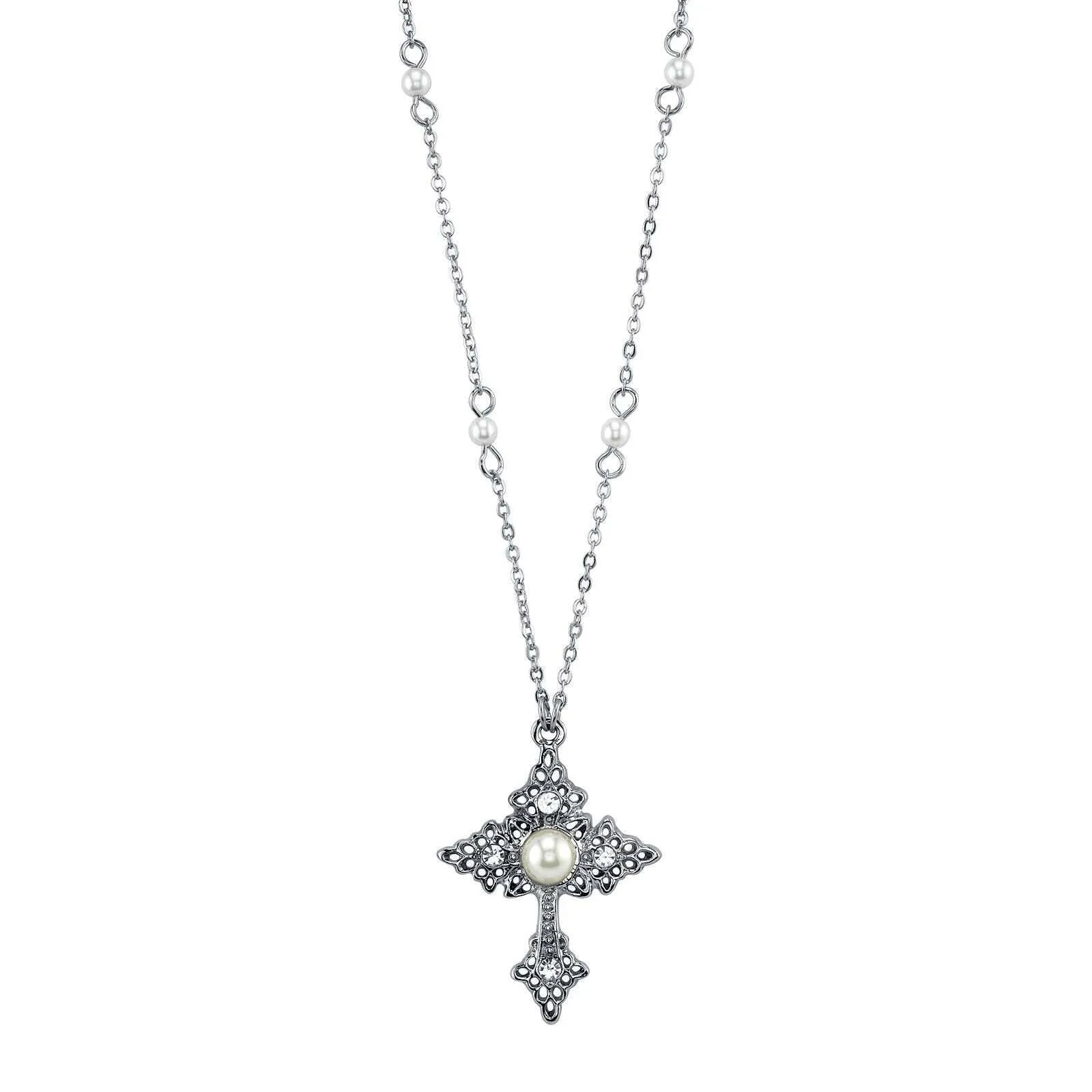 1928 Jewelry Filigree Cross With Faux Pearl Crystal Accent Pendant Necklace 16"   3" Extender 1928 Jewelry