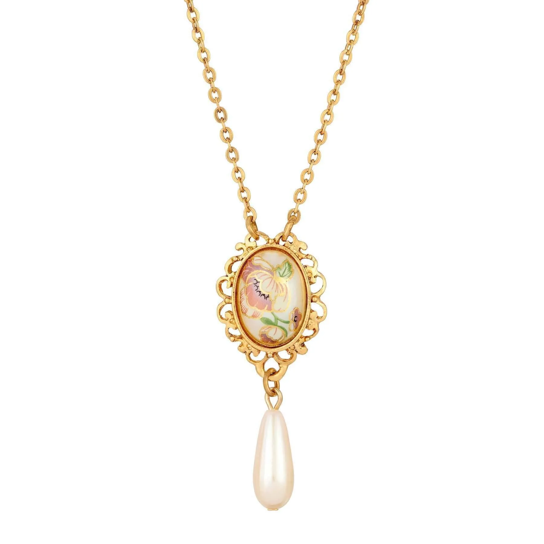 1928 Jewelry Filigree Floral Pendant Faux Pearl Teardrop Necklace 16"   3" Extender 1928 Jewelry