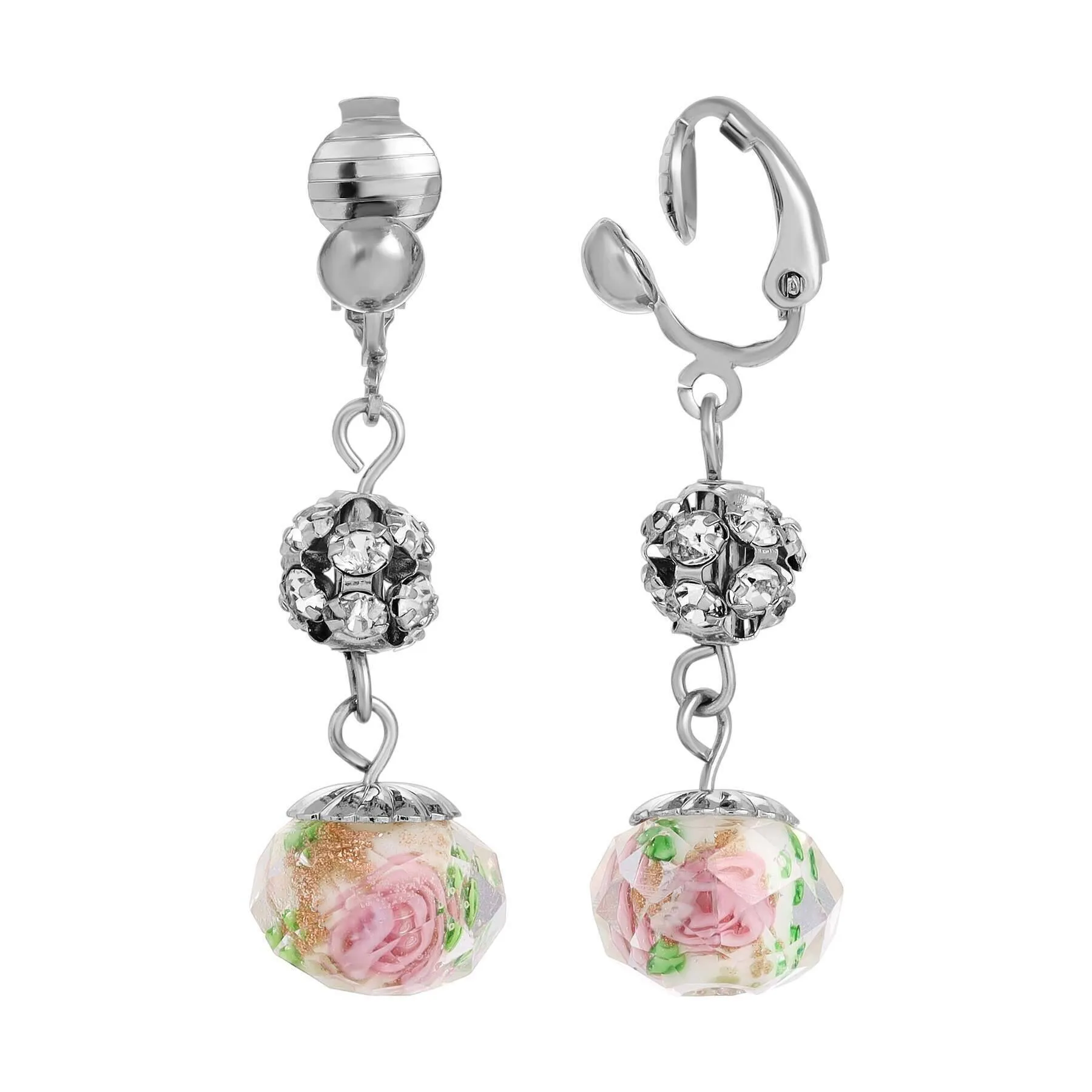 1928 Jewelry Fireball Crystals Pink Flower Bead Drop Clip On Earrings 1928 Jewelry