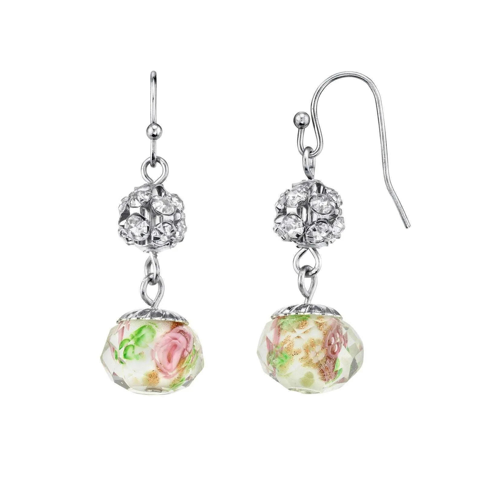 1928 Jewelry Fireball Crystals Pink Flower Bead Drop Wire Earrings 1928 Jewelry