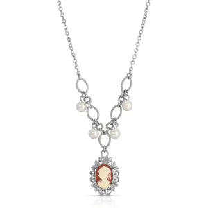 1928 Jewelry Floral Filigree Carnelian Red Cameo Pearl Pendant Necklace Pendant Necklace 16"   3" Extender 1928 Jewelry