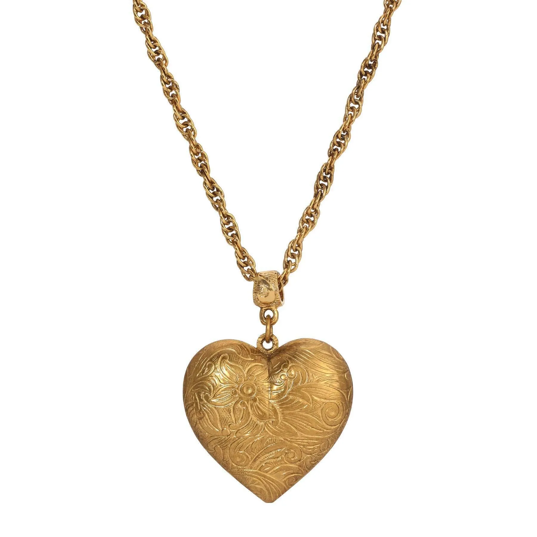 1928 Jewelry Gold Etched Floral Heart Pendant Necklace 16"   3" Extension 1928 Jewelry