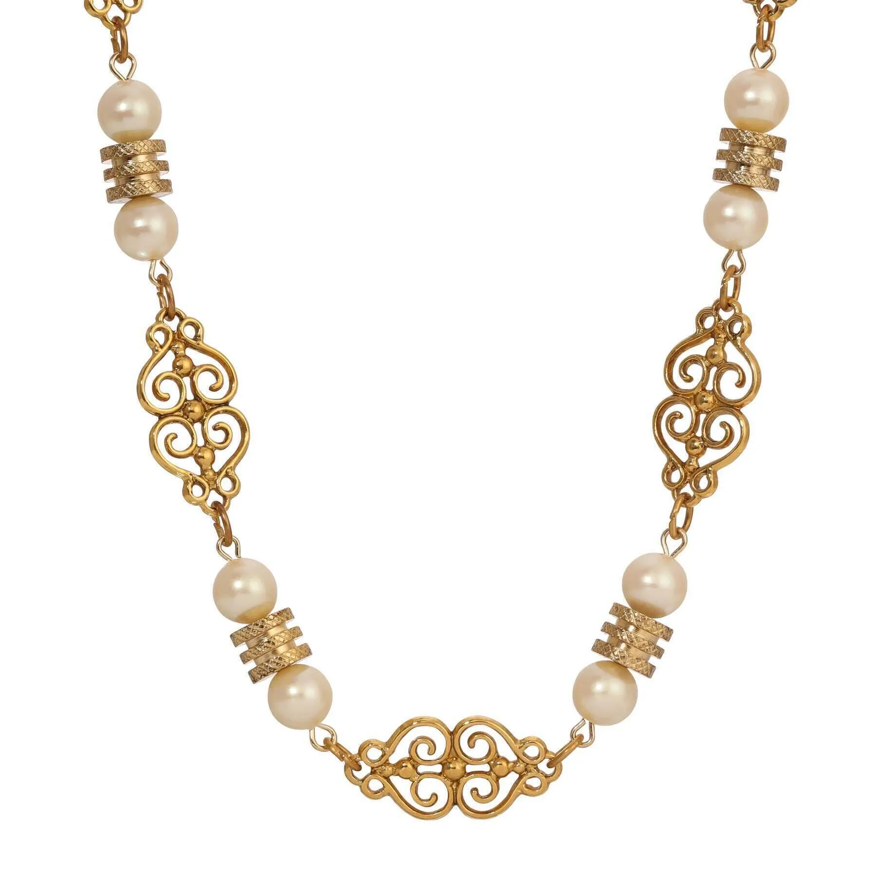 1928 Jewelry Gold Heart Filigree & Faux Pearl Link Necklace 16"   3" Extension 1928 Jewelry