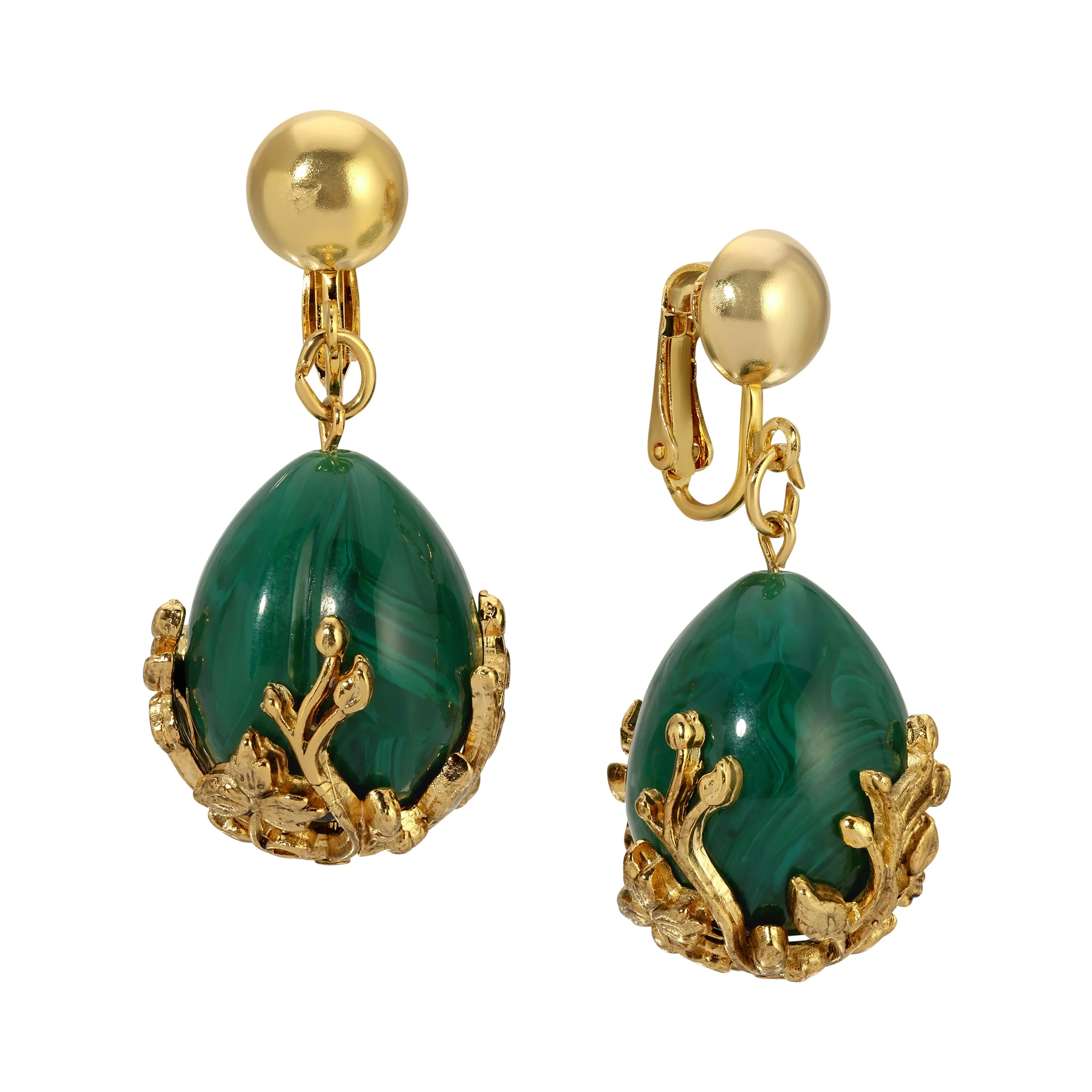 1928 Jewelry Golden Bloom Teardrop Marble Green Stone Clip On Earrings 1928 Jewelry
