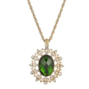 1928 Jewelry Green Stone And Crystal Large Oval Pendant Necklace 16"   3" Extender 1928 Jewelry