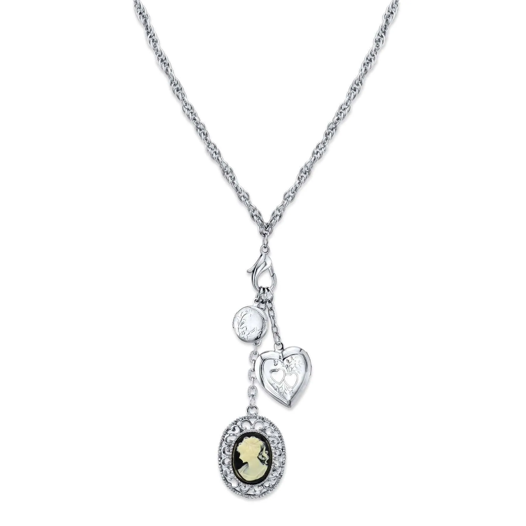 1928 Jewelry Heart And Black Oval Cameo Charm Pendant Necklace 26" 1928 Jewelry