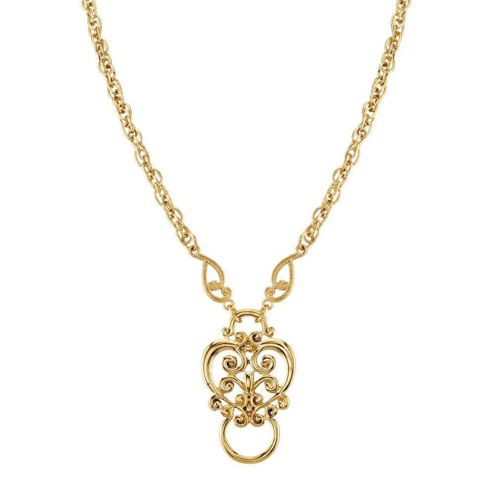 1928 Jewelry Heart Filigree Badge & Eyeglass Holder Chain Necklace 28" 1928 Jewelry