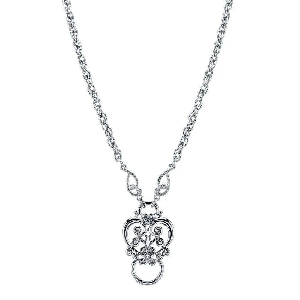 1928 Jewelry Heart Filigree Badge & Eyeglass Holder Chain Necklace 28" 1928 Jewelry