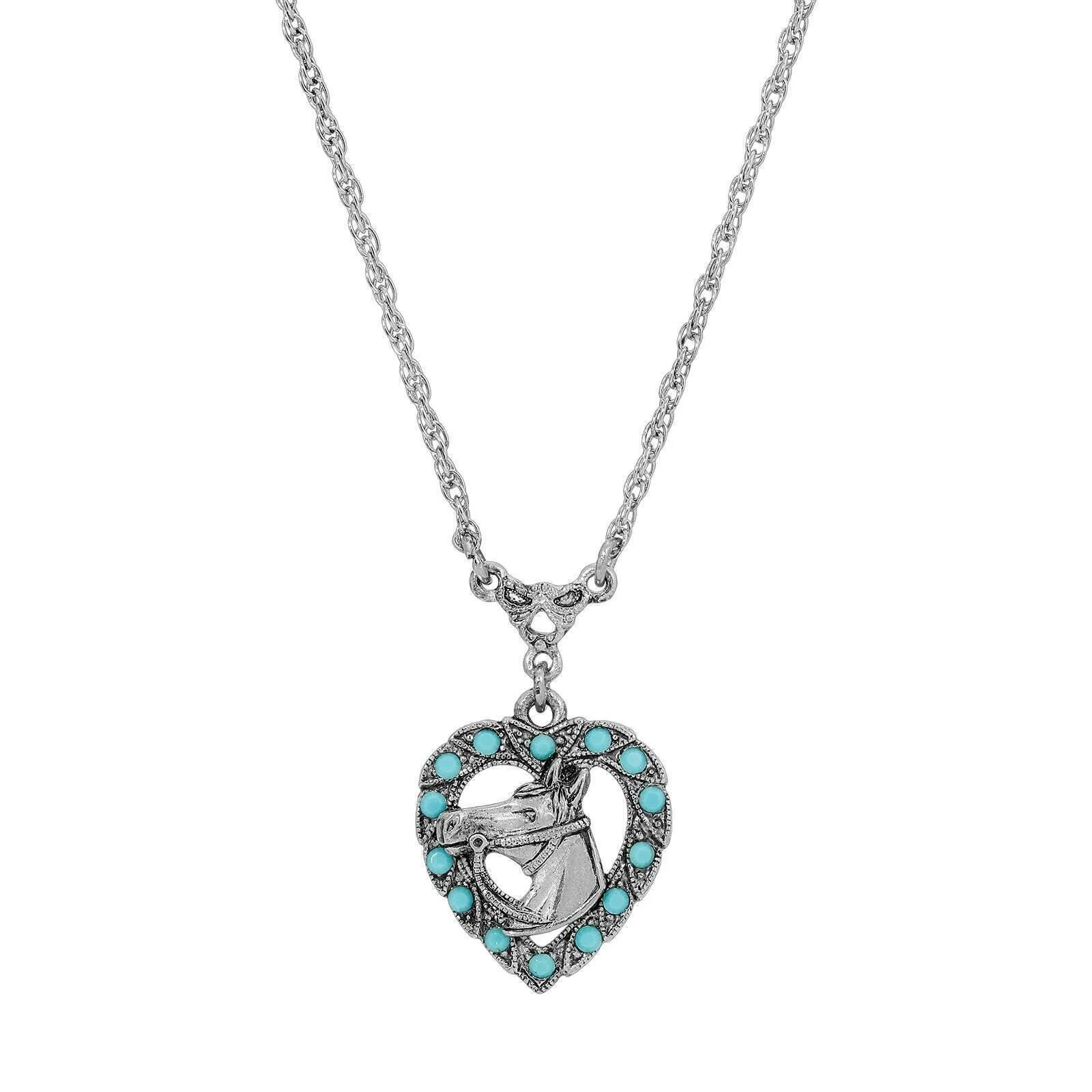 1928 Jewelry Heart Horse Head Turquoise Crystal Pendant Necklace 16" 1928 Jewelry