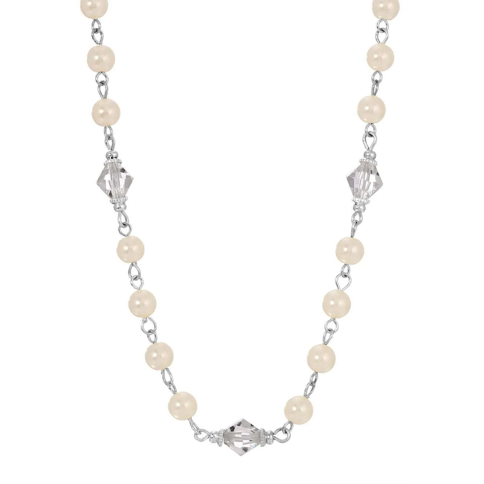 1928 Jewelry Isles Crystal 6mm Faux Pearl Strand Necklace 15"   3" Extender 1928 Jewelry