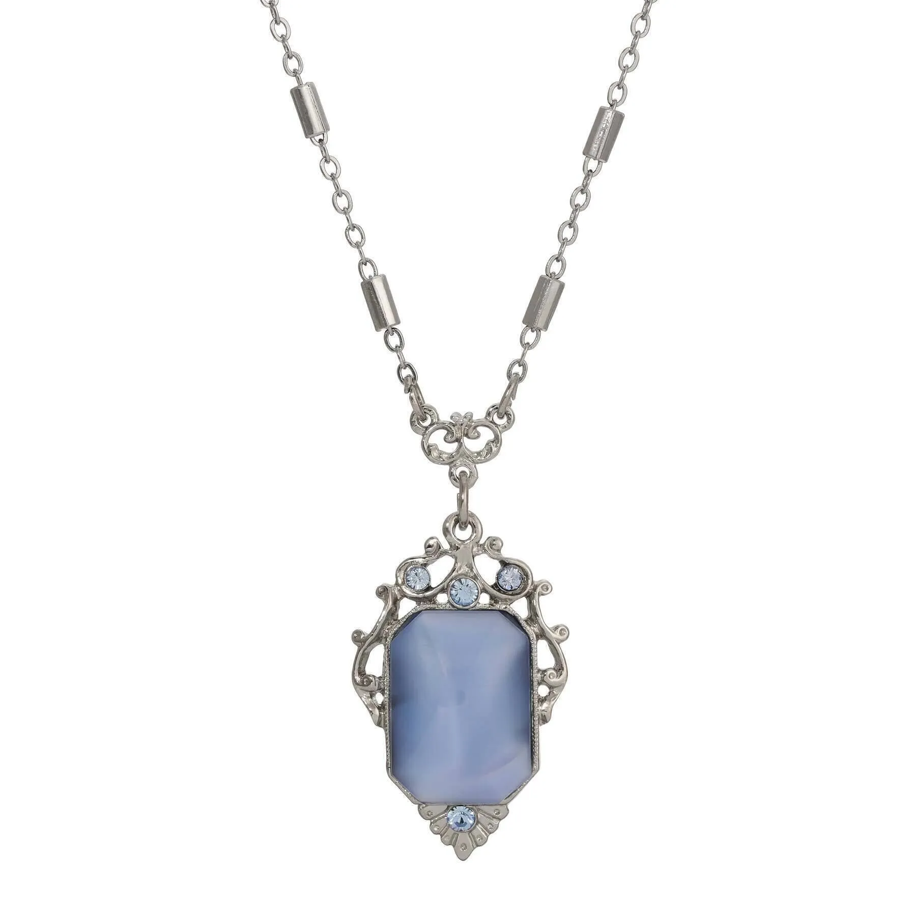 1928 Jewelry Jazzy Filigree Blue Octagon Moonstone & Crystal Pendant Necklace 16"   3" Extension 1928 Jewelry