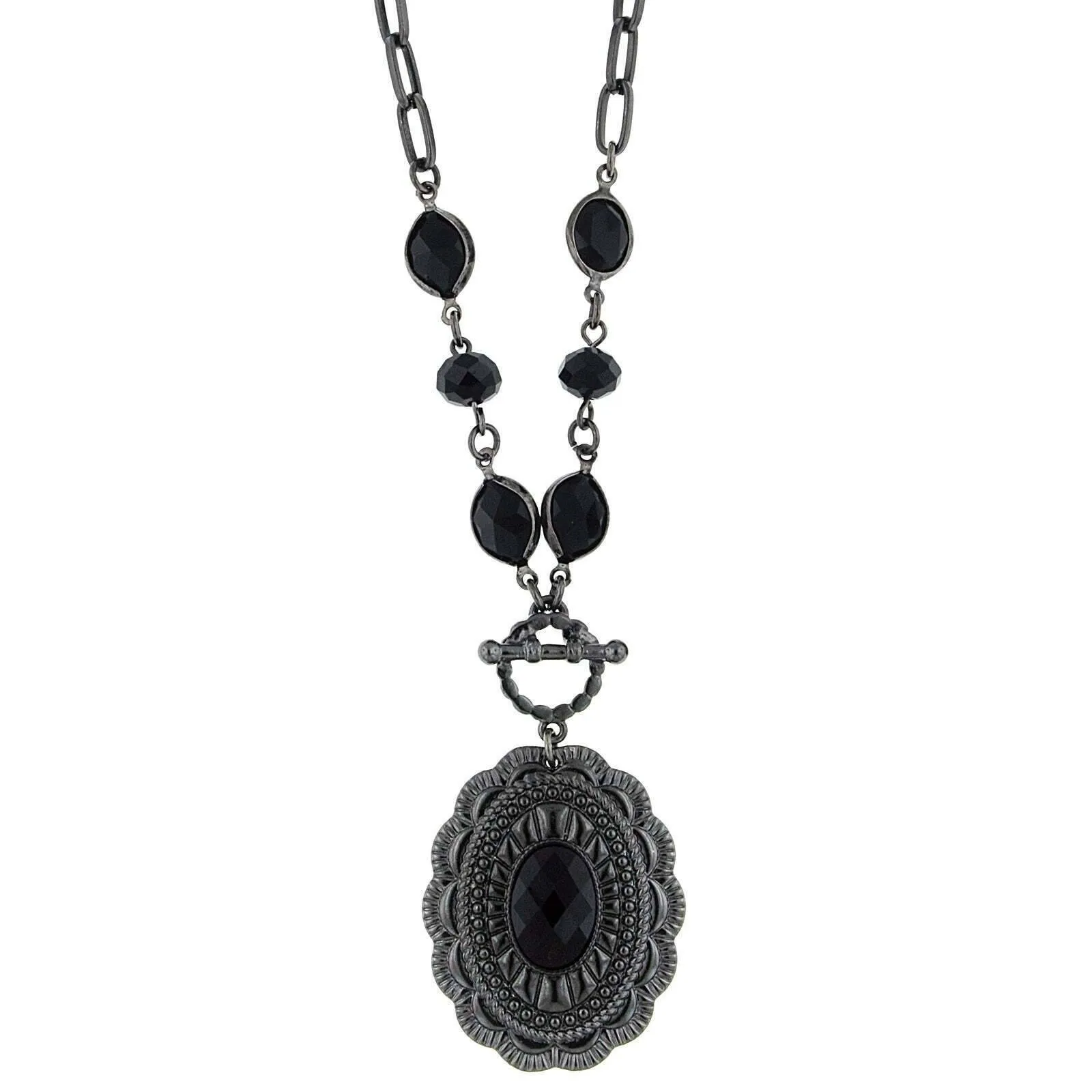 1928 Jewelry Jet Black Stone Pendant & Chain Necklace 18"   3" Extender 1928 Jewelry