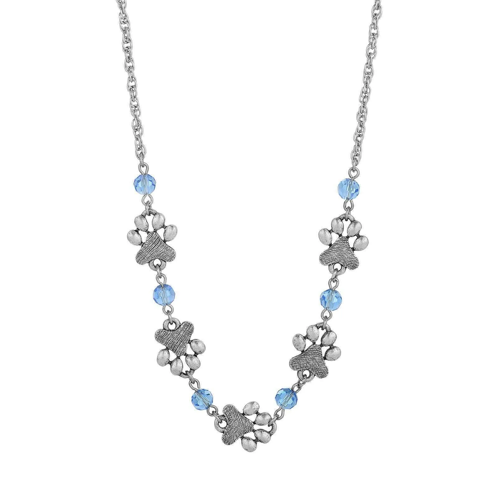 1928 Jewelry Light Blue Sapphire Bead Pewter Paw Necklace 16"   3" Extender 1928 Jewelry