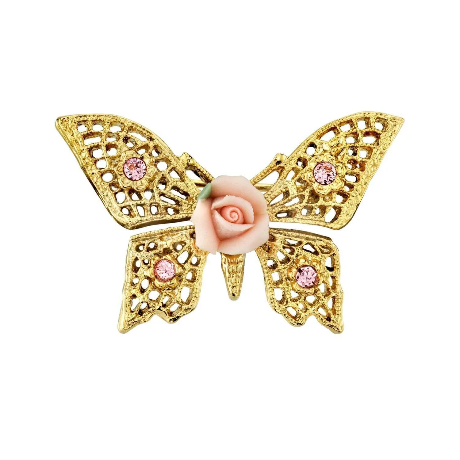 1928 Jewelry Light Rose Pink Austrian Crystal And Pink Porcelain Rose Butterfly Brooch 1928 Jewelry