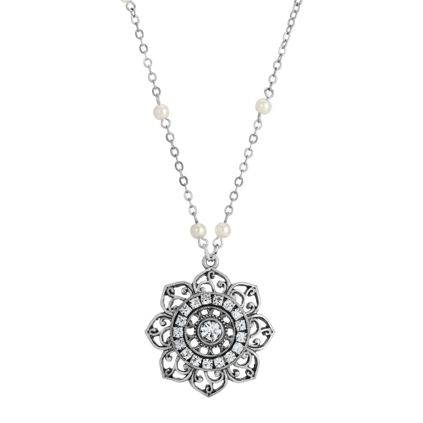 1928 Jewelry Majestic Crystal Flower Faux Pearl Pendant Necklace 18" 1928 Jewelry