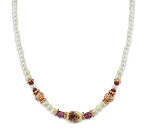 1928 Jewelry Manor House 4mm Faux Pearl Strand Amethyst Crystal Filigree Puff Ball Necklace 15"   3" Extender 1928 Jewelry