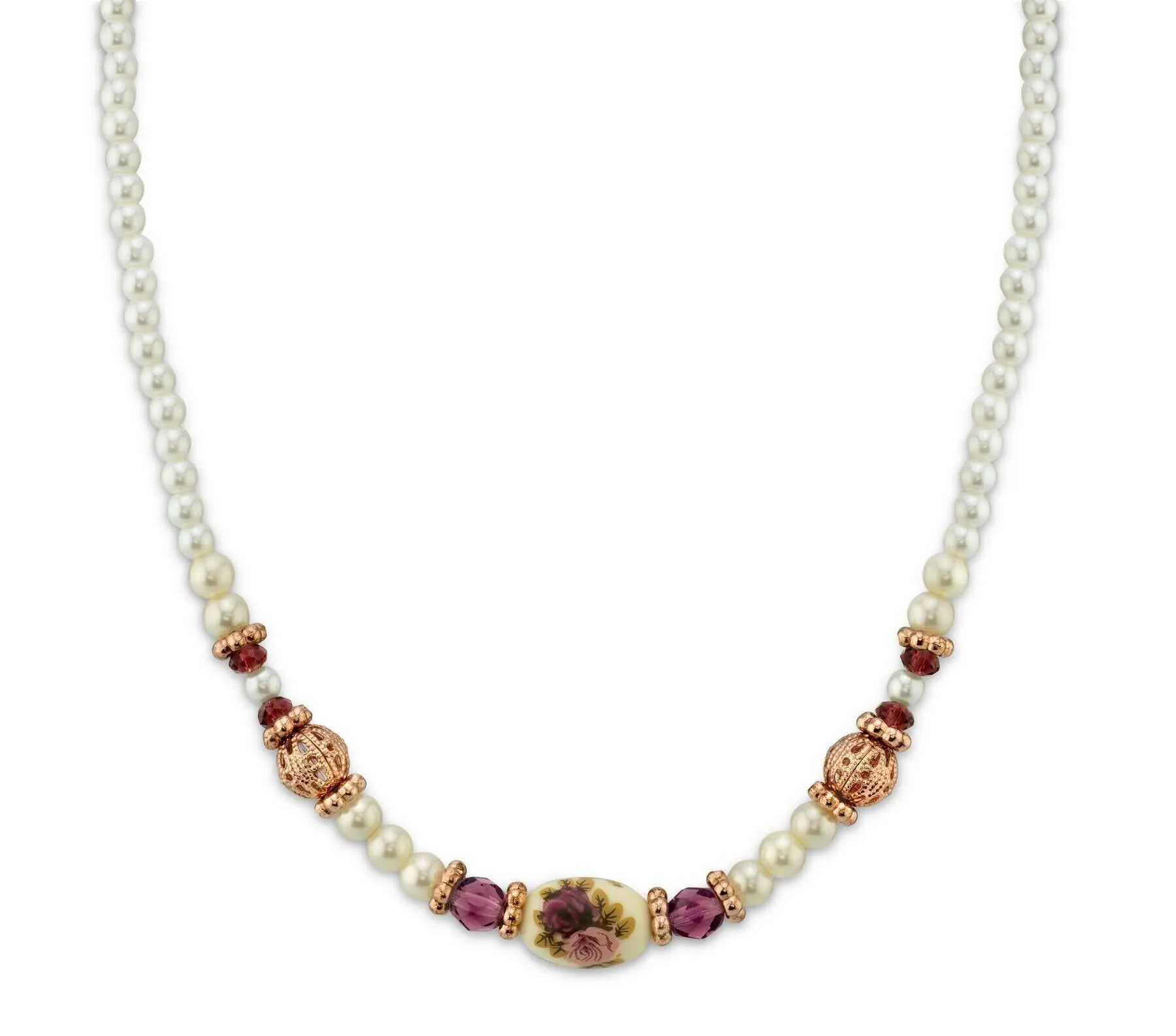 1928 Jewelry Manor House 4mm Faux Pearl Strand Amethyst Crystal Filigree Puff Ball Necklace 15"   3" Extender 1928 Jewelry