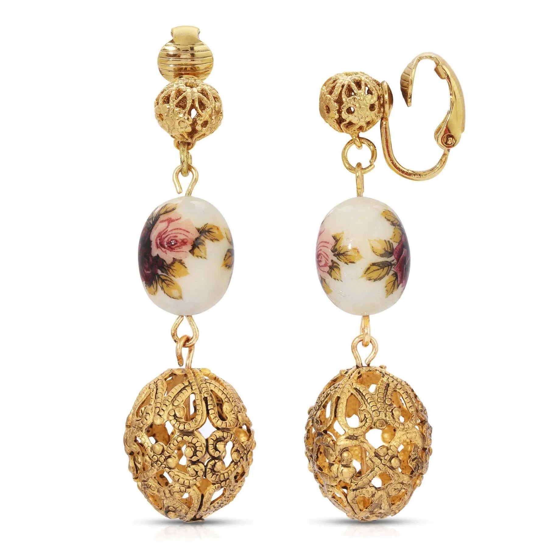 1928 Jewelry Manor House Filigree Puff Ball Flower Bead Dangle Clip On Earrings 1928 Jewelry