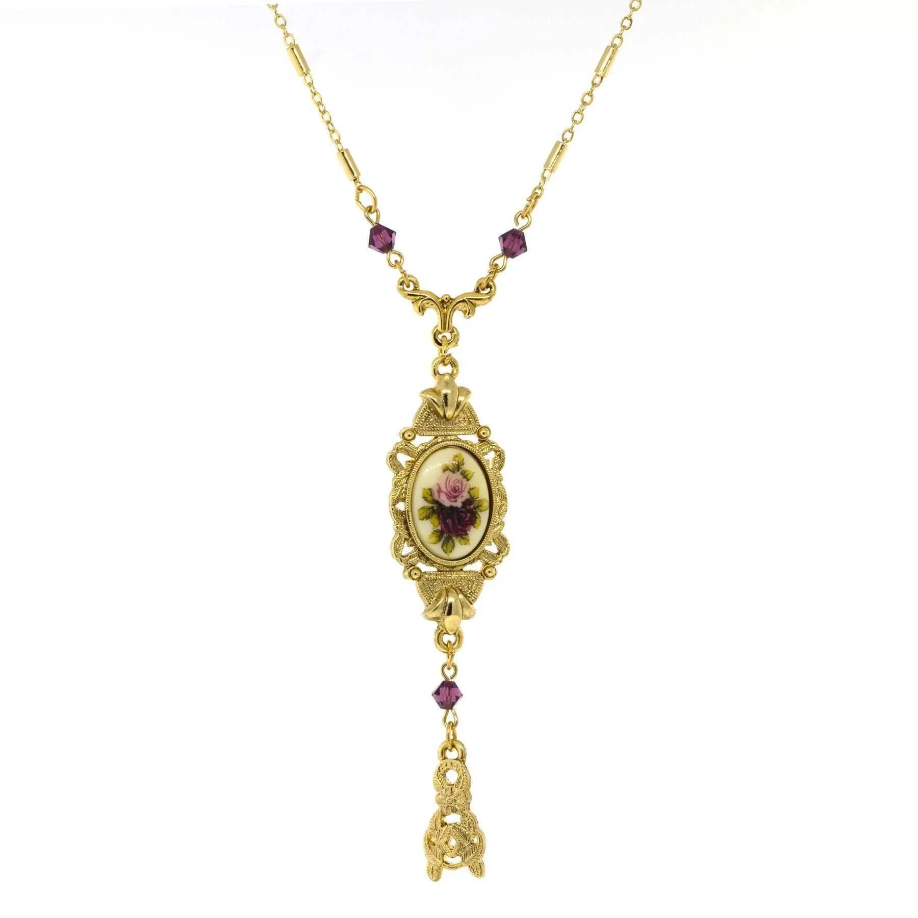 1928 Jewelry Manor House Pink & Purple Floral Drop Pendant Necklace 24" 1928 Jewelry
