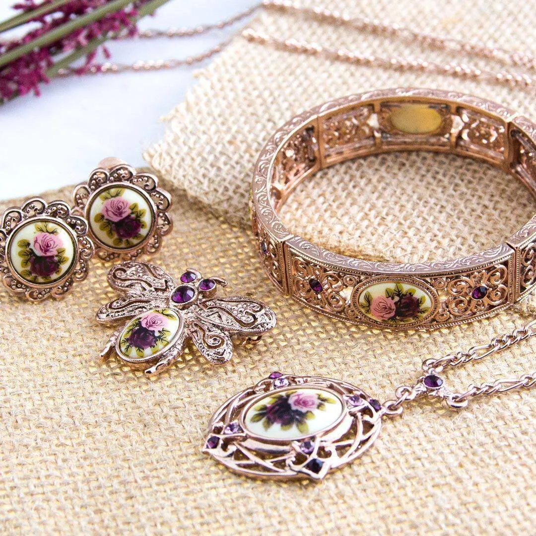 1928 Jewelry Manor House Pink & Purple Rose Decal Clip On Earrings 1928 Jewelry