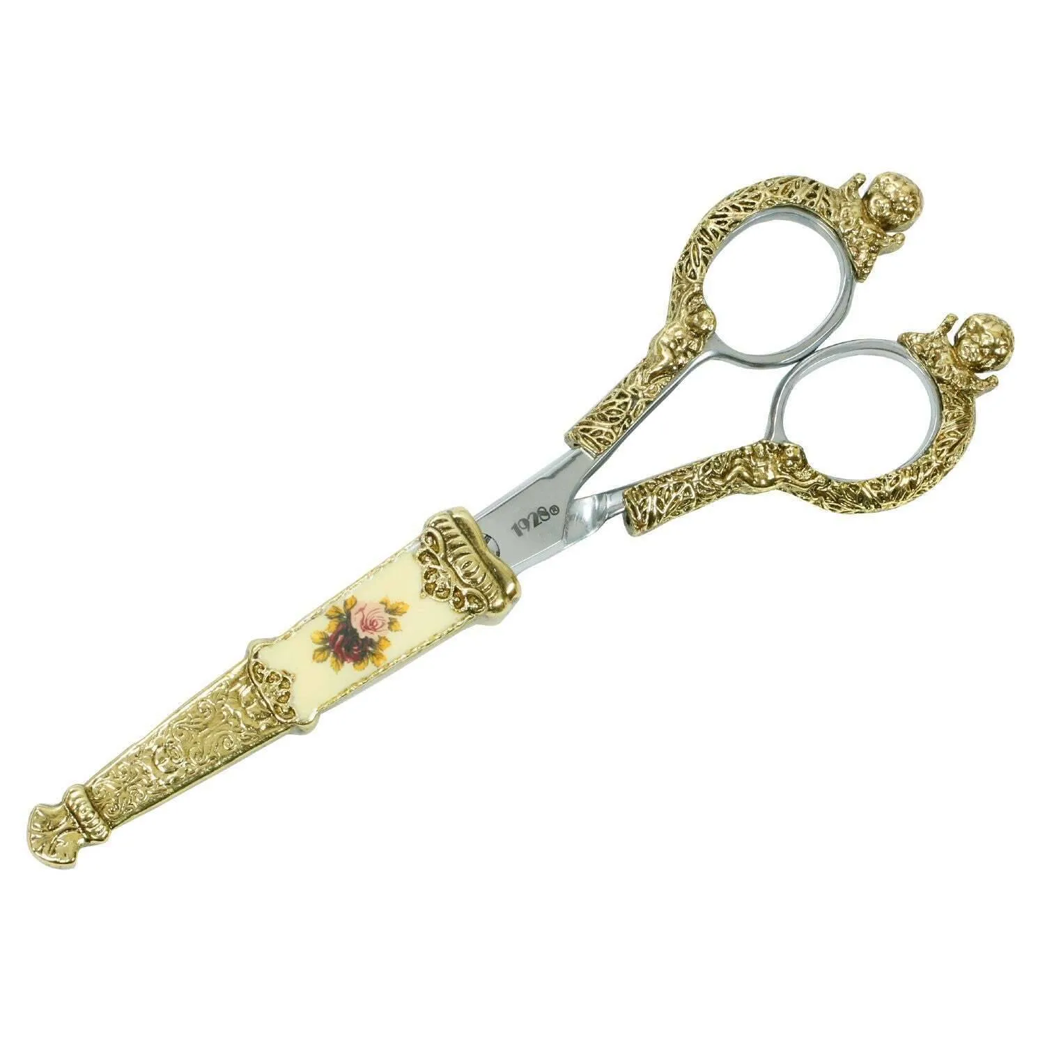 1928 Jewelry Manor House Pink And Purple Flower Decal Cherub Scissors 1928 Jewelry