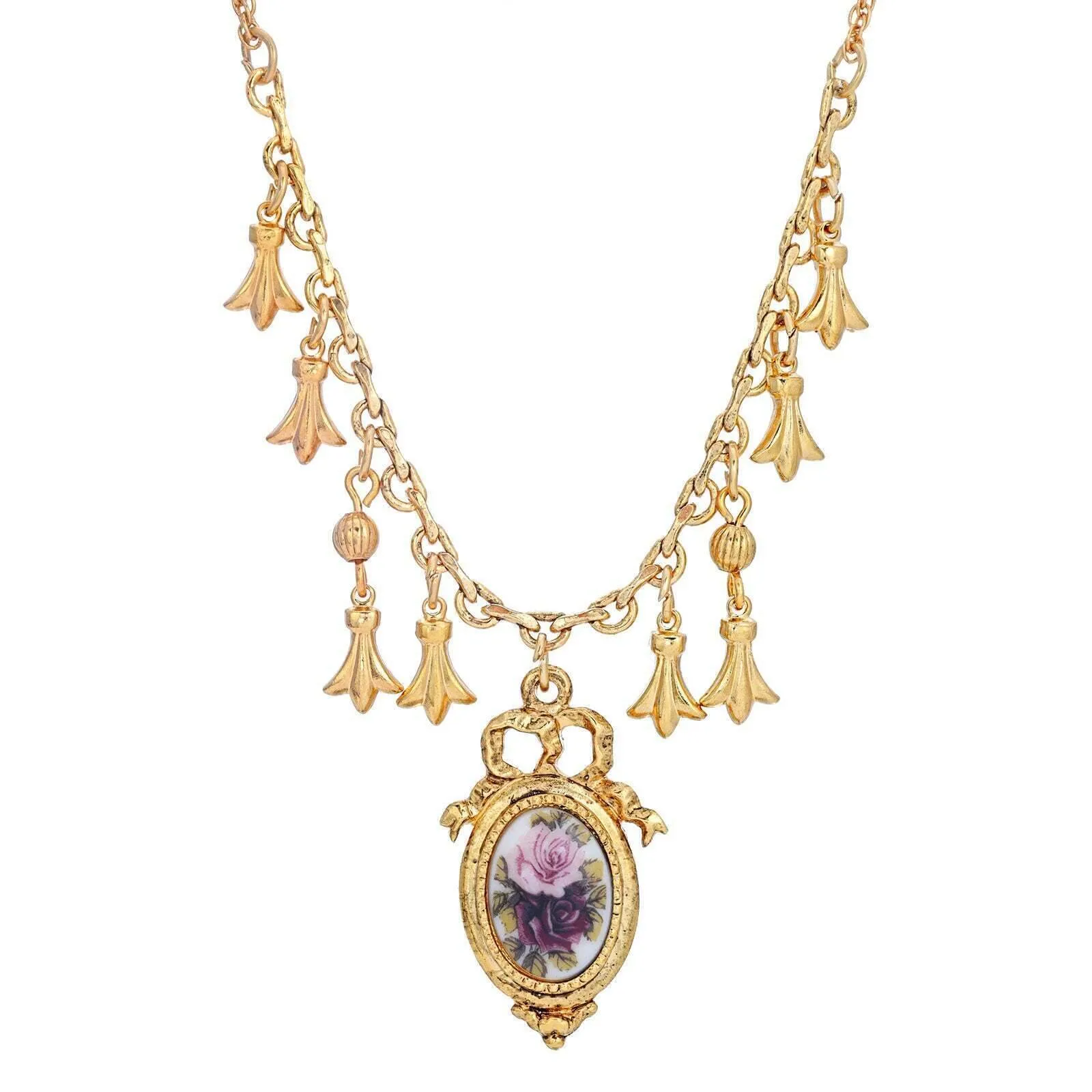 1928 Jewelry Manor House Pink And Purple Rose Pendant Charms Necklace 16"   3" Extender 1928 Jewelry