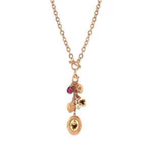 1928 Jewelry Manor House Pink Purple Rose Crystal Heart And Locket Charm Toggle Necklace 20" 1928 Jewelry