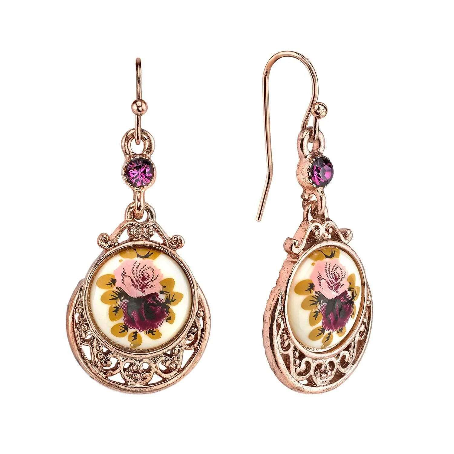1928 Jewelry Manor House Purple & Pink Rose Flower Amethyst Crystal Drop Earrings 1928 Jewelry