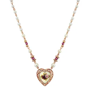 1928 Jewelry Manor House Rose Faux Pearl Purple Flower Heart Pendant Necklace 15"   3" Extender 1928 Jewelry
