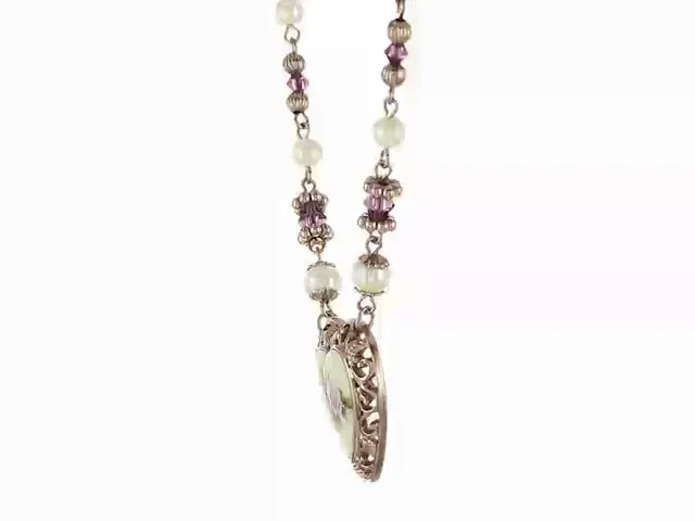 1928 Jewelry Manor House Rose Faux Pearl Purple Flower Heart Pendant Necklace 15"   3" Extender 1928 Jewelry