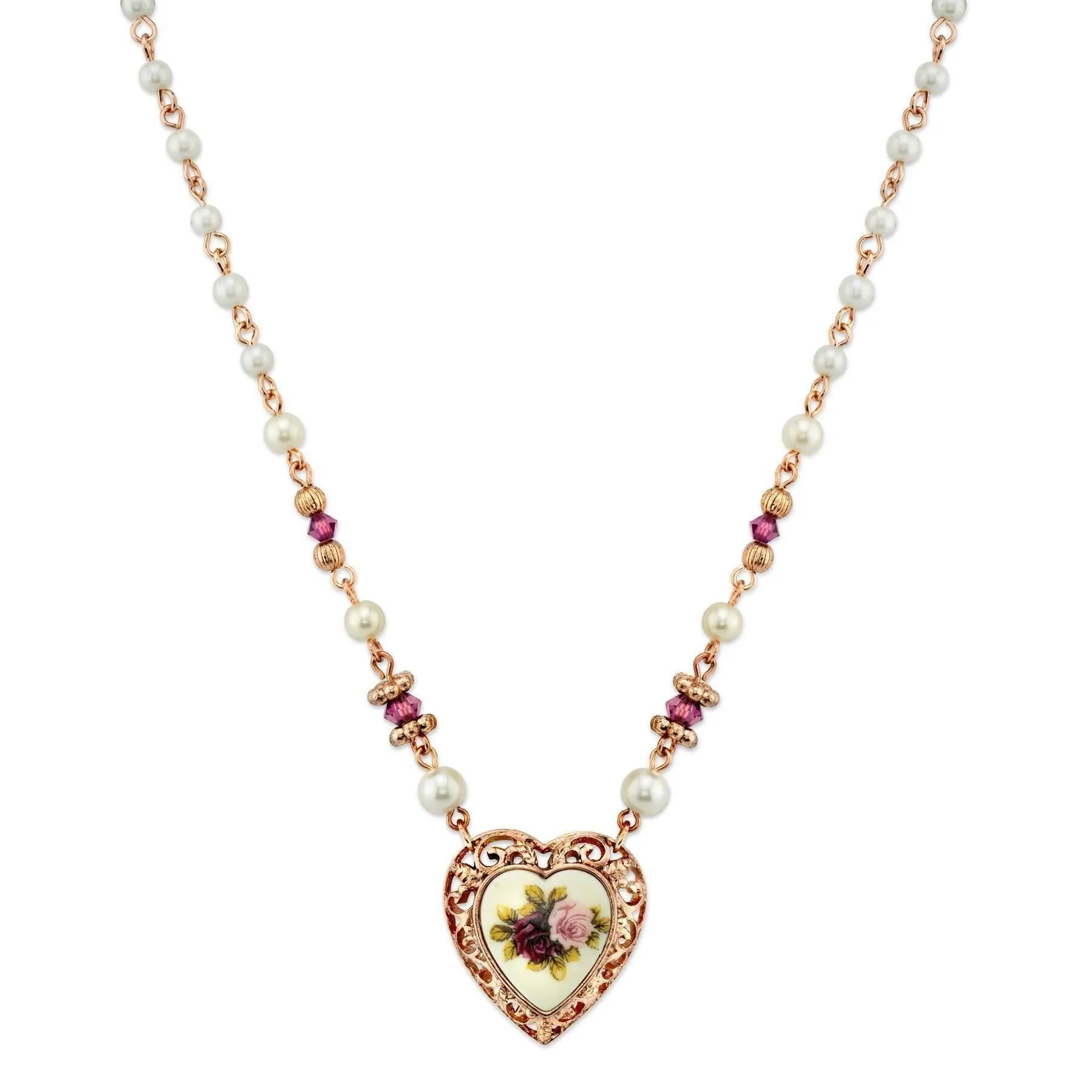 1928 Jewelry Manor House Rose Faux Pearl Purple Flower Heart Pendant Necklace 15"   3" Extender 1928 Jewelry