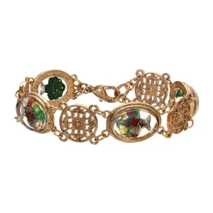 1928 Jewelry Meso Round Intricate Filigree & Mixed Flower Bouquet German Glass Link Bracelet 1928 Jewelry