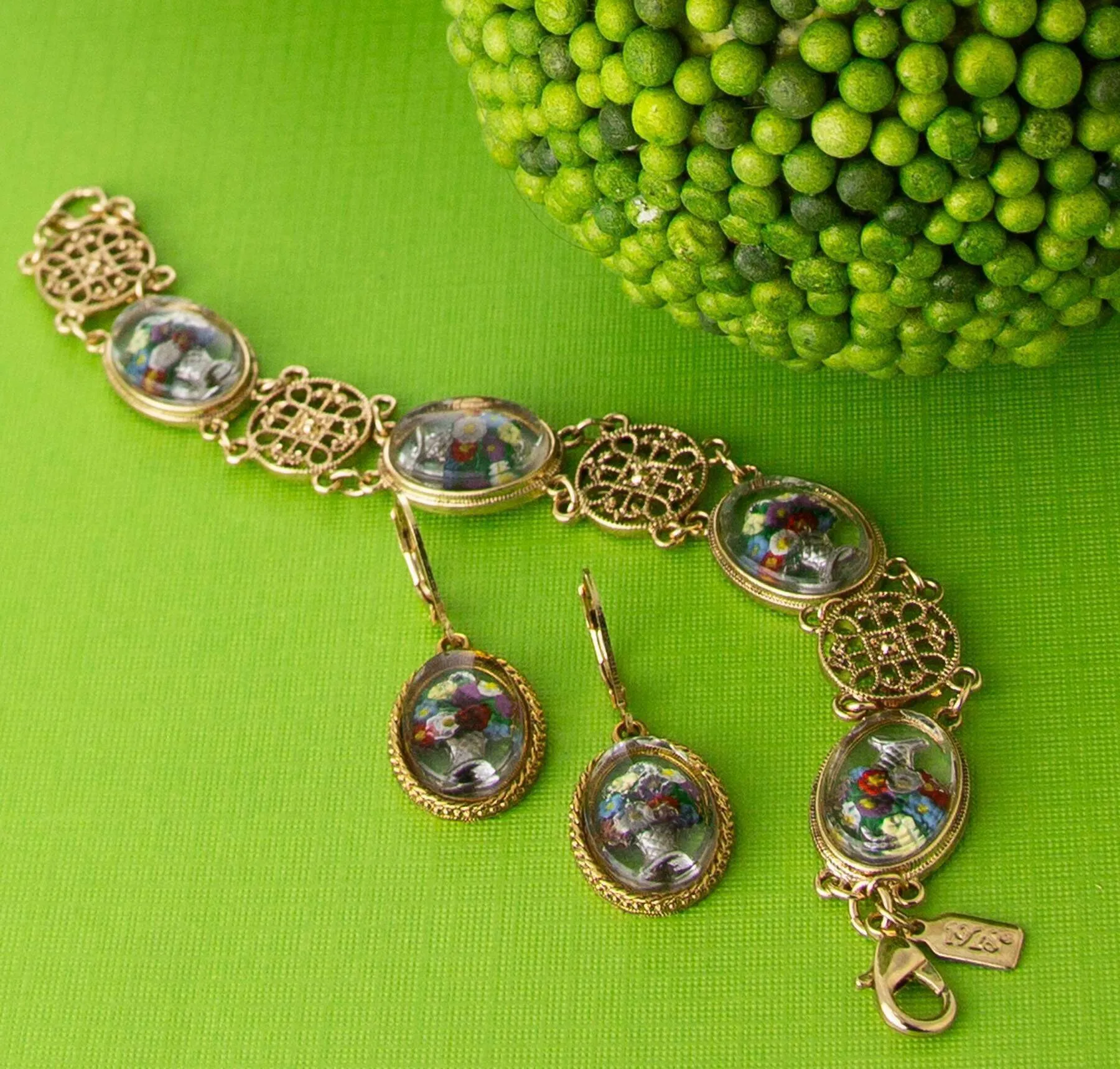 1928 Jewelry Meso Round Intricate Filigree & Mixed Flower Bouquet German Glass Link Bracelet 1928 Jewelry
