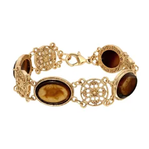 1928 Jewelry Meso Round Intricate Filigree Oval Tortoise Glass Stones Link Bracelet 7.75" 1928 Jewelry