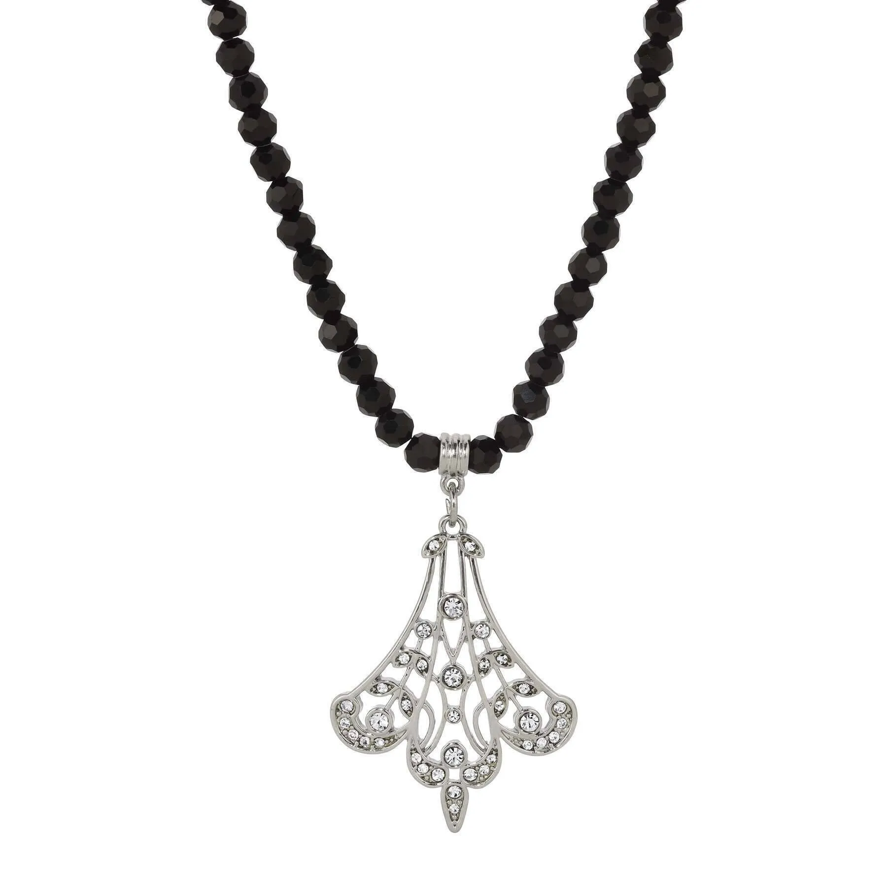 1928 Jewelry Minuit Black Glass Strand Bead Silver Filigree Fan & Crystals Pendant Necklace 15"   3" Extender 1928 Jewelry