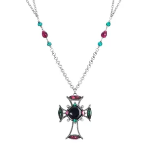 1928 Jewelry Monarch Emerald & Amethyst Crystal Black Octagon Stone Cross Pendant Necklace 30" 1928 Jewelry