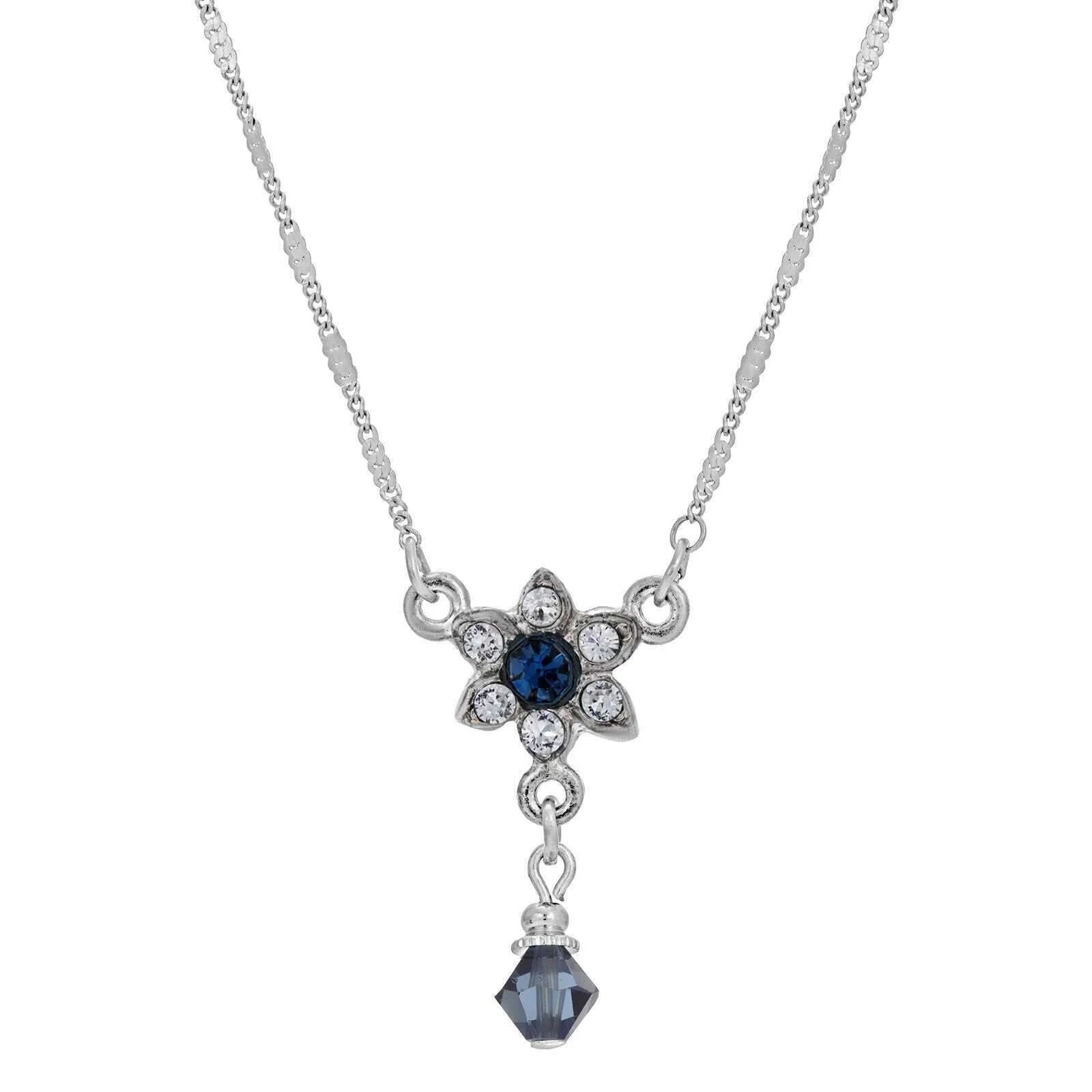 1928 Jewelry Montana Blue & Clear Crystal Petite Flower Drop Bead Necklace 15" 1928 Jewelry