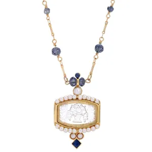 1928 Jewelry Montana Blue Bead Etched Flower Bouquet Glass Intaglio Pendant Necklace 16"   3" Extender 1928 Jewelry