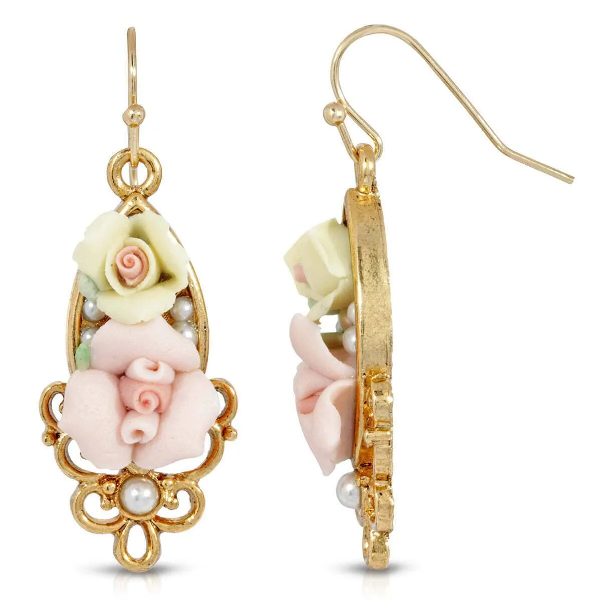 1928 Jewelry Multicolor Porcelain Rose Faux Pearl Accent Wire Drop Earrings 1928 Jewelry
