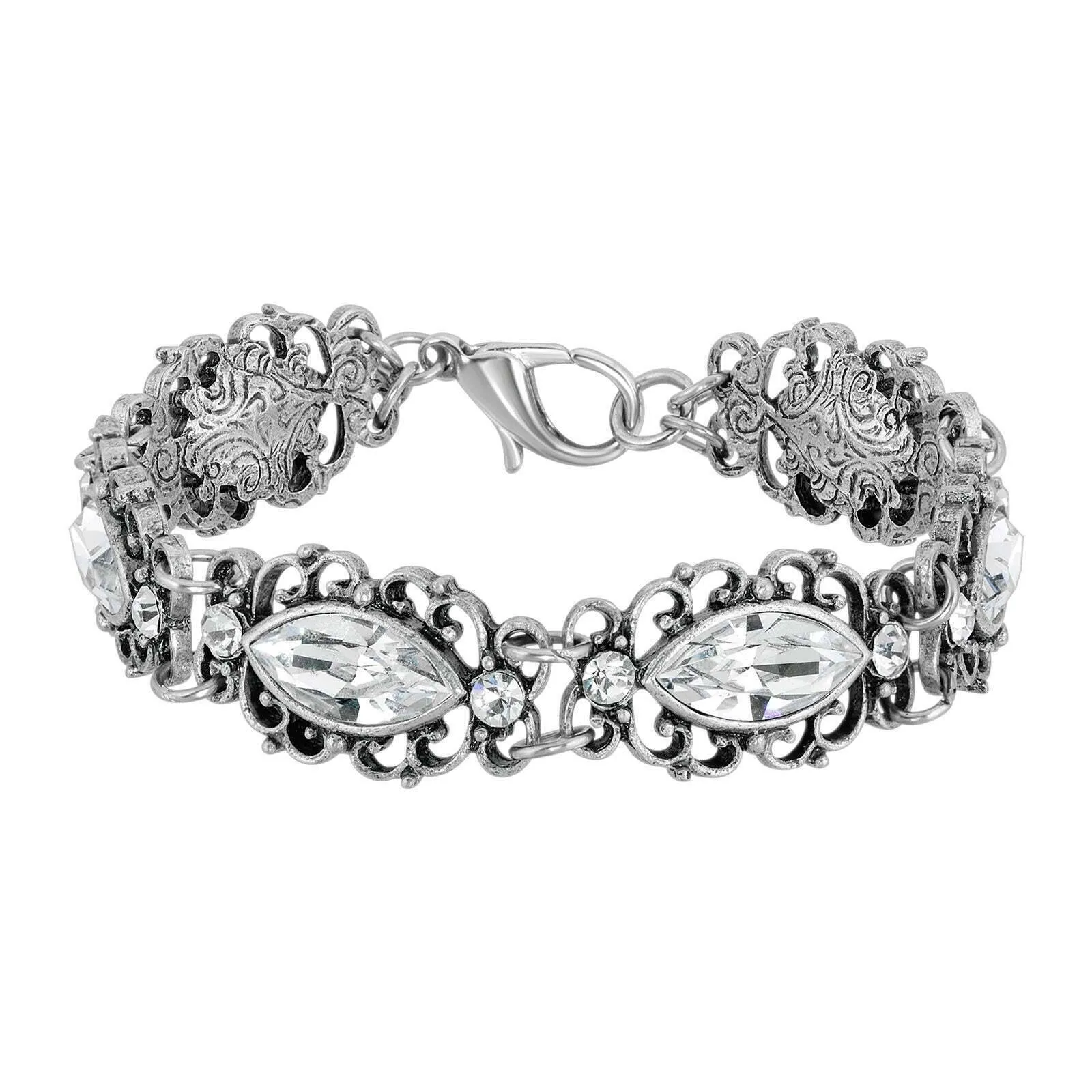 1928 Jewelry Navette Austrian Crystal Filigree Link Bracelet 1928 Jewelry