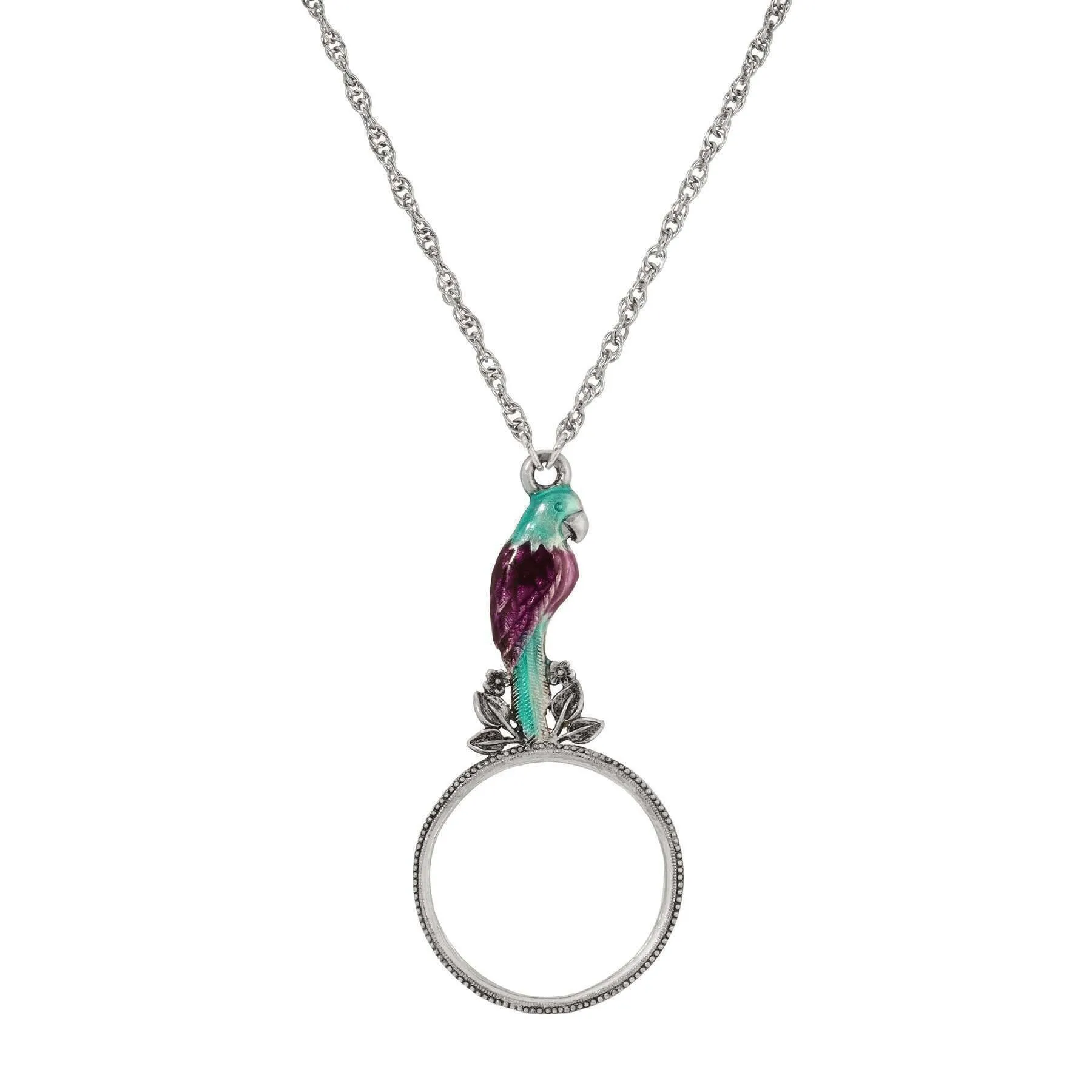 1928 Jewelry Neotropic Exotic Parrot  Amethyst & Blue Zircon Magnifying Glass Pendant Necklace 30" - Magnification Power: 1-2X 1928 Jewelry