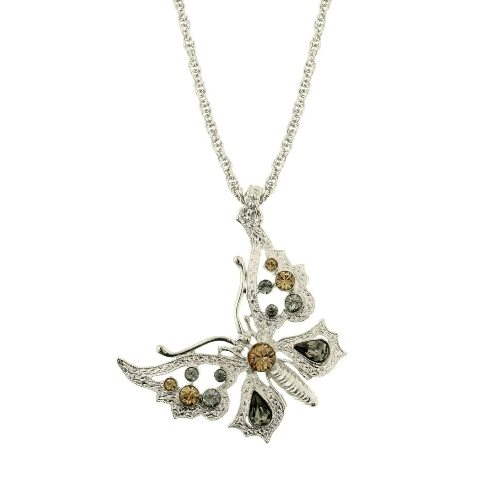 1928 Jewelry Ornate Multi Crystal Butterfly Pendant Necklace 16"   3" Extender 1928 Jewelry