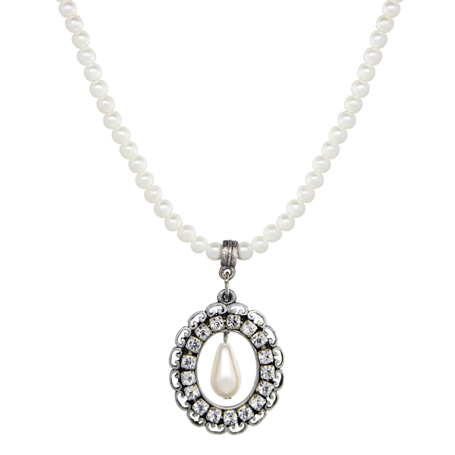 1928 Jewelry Oval Crystal Teardrop Pendant Faux Pearl Strand Necklace 15"   3" Extension 1928 Jewelry