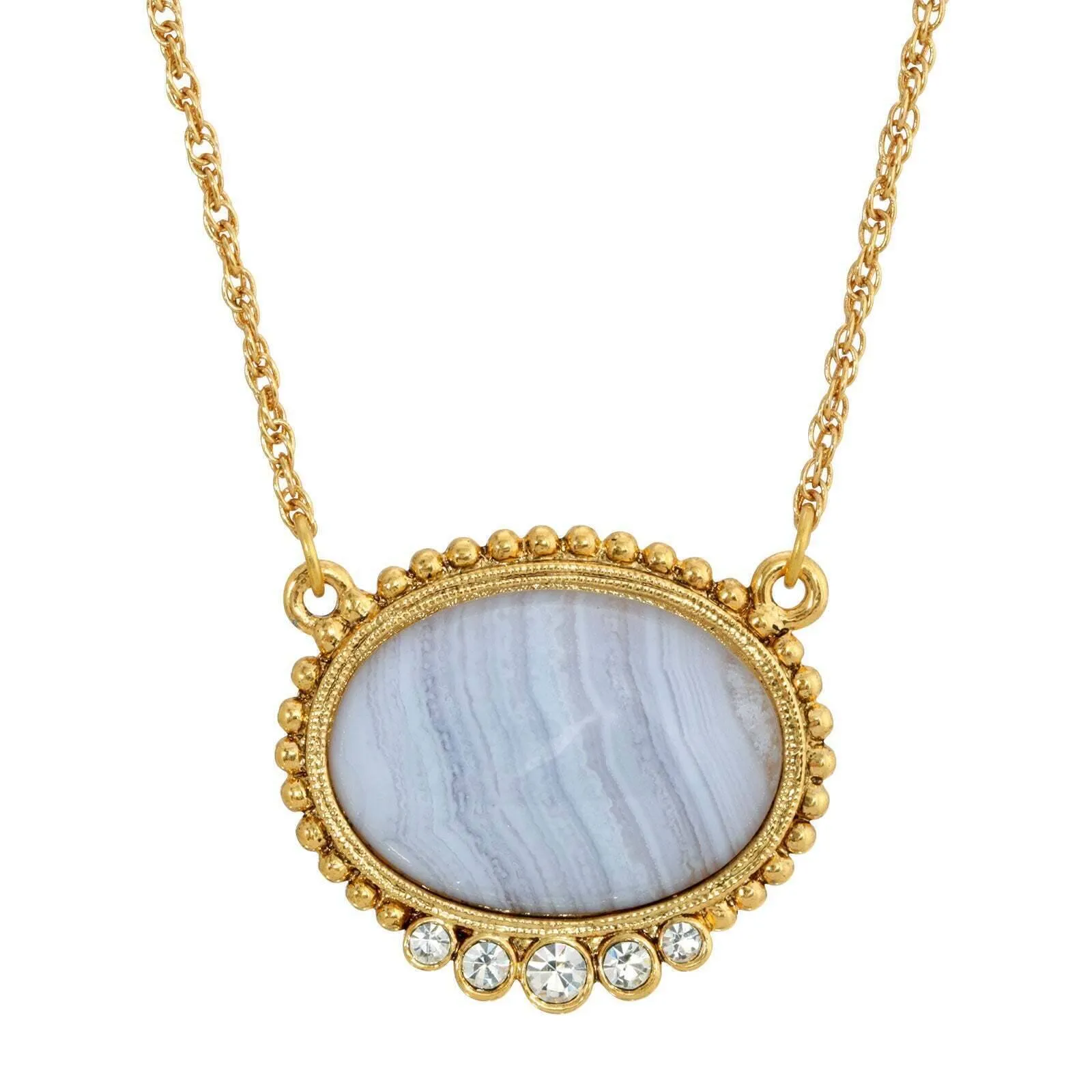 1928 Jewelry Oval Gemstone With Crystals Pendant Necklace 16" 1928 Jewelry