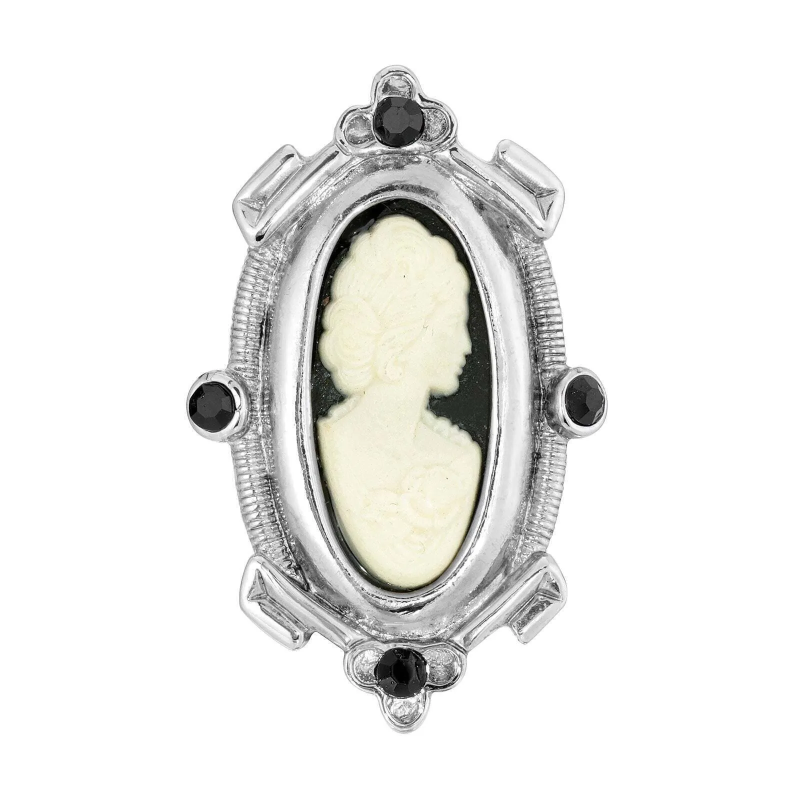 1928 Jewelry Oval Matte Black & Ivory Cameo Crystal Pin 1928 Jewelry