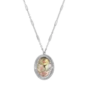1928 Jewelry Oval Multicolor Porcelain Roses Pendant Necklace 30" 1928 Jewelry