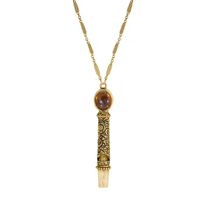 1928 Jewelry Oval Stone Etched Gold Whistle Pendant Necklace 28" 1928 Jewelry